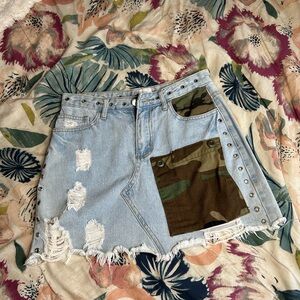 Rework Patchwork Studded Denim Skirt with Camouflage Patch